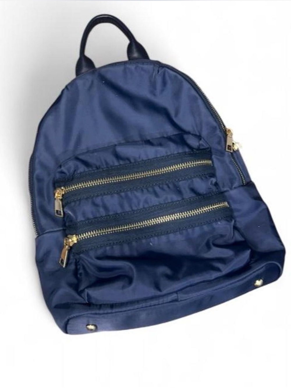 Navy Blue Nylon Backpack Gold Zippers Leopard Print Lining Multi-Pocket
